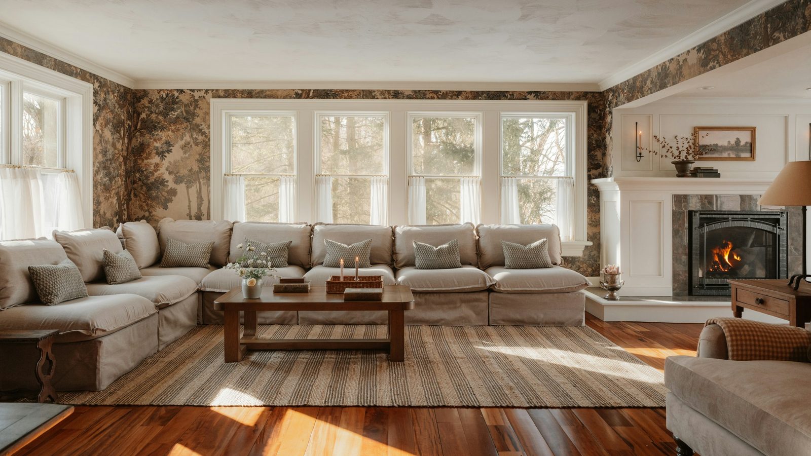 Sunlit living room wrapped in a warm forest-mural wallpaper, with a long linen sectional, a row of white-framed windows and a fireplace